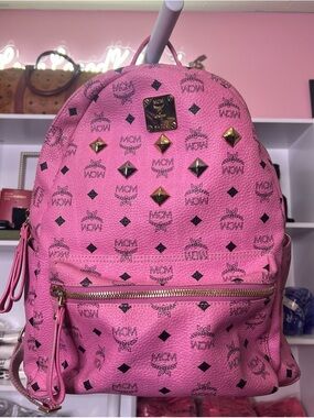 MCM PINK LOGO STUDDED LEATHER BACKPACK